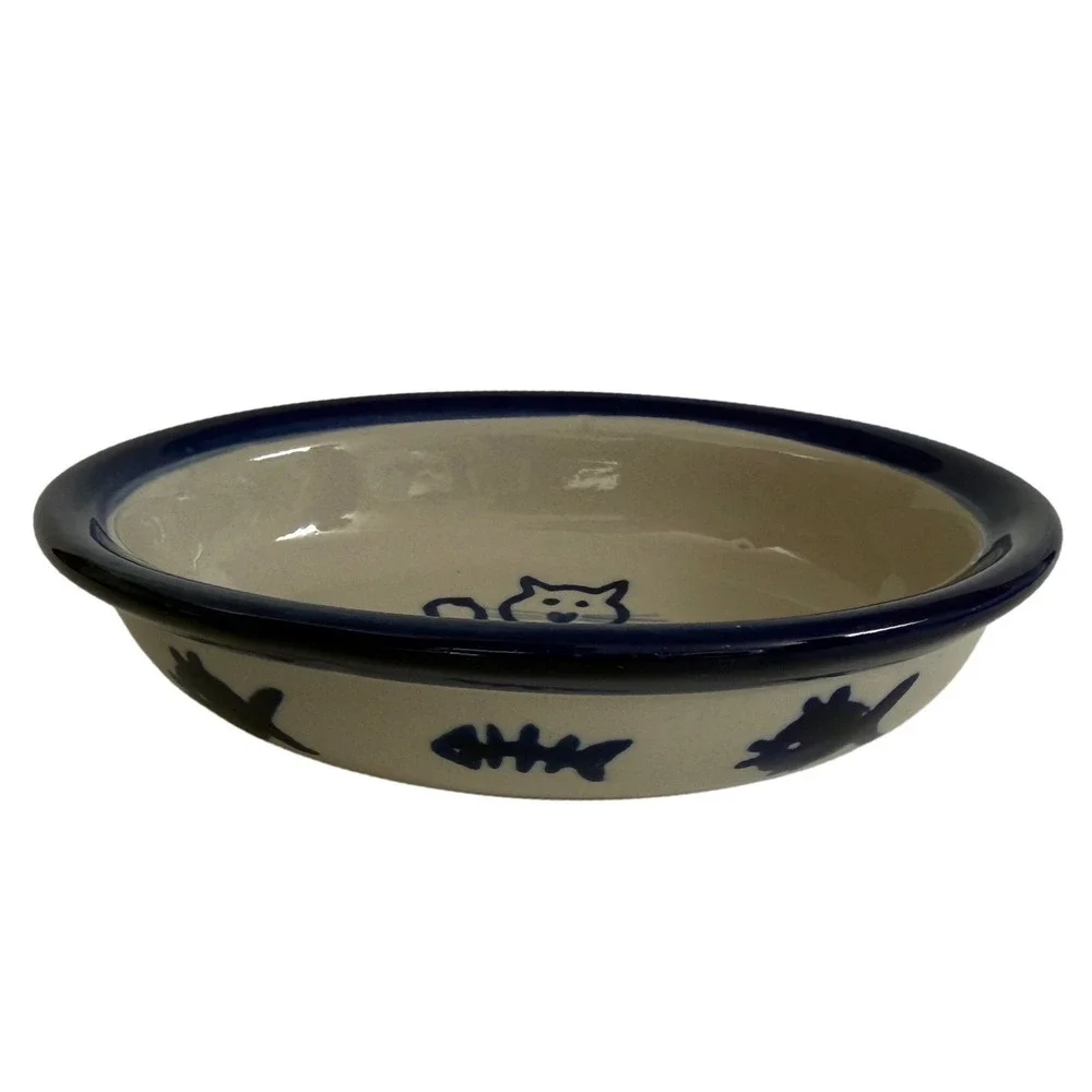 Boots &‎ Barkley Hand Painted Stoneware Cat Food Bowl Blue Fish Oval 6.5